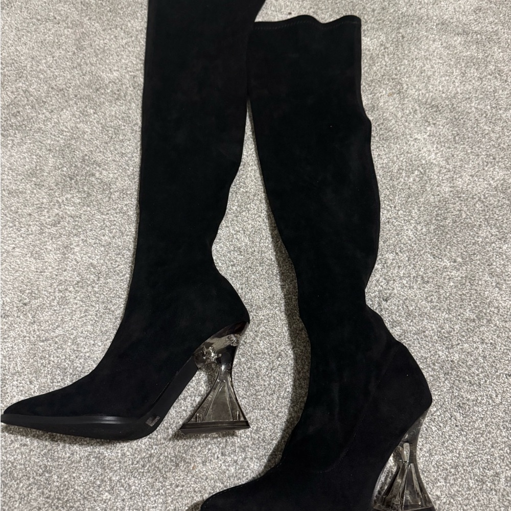 Fashion Nova Black Over the Knee Boots with Sculptural Heel